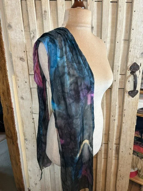 Blue pure silk tie dye print long thin versatile scarf muffler view 3