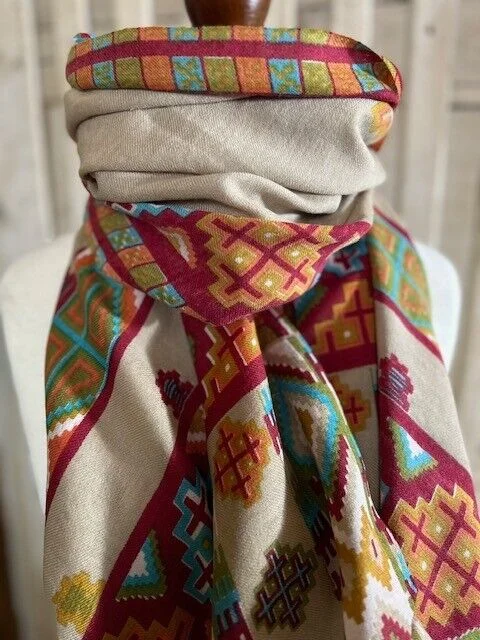 Ecru multi pure wool Kullu print Aztec design pashmina by Pashmina Love.