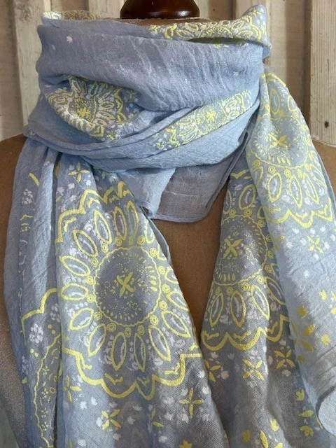 Pale blue & lemon embossed print lightweight floaty scarf pashmina sarong