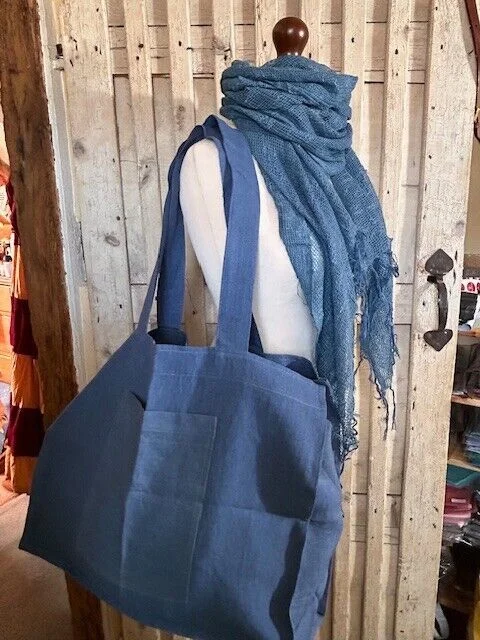 Oversize denim blue linen beach shopper bag from Pashmina Love view 2