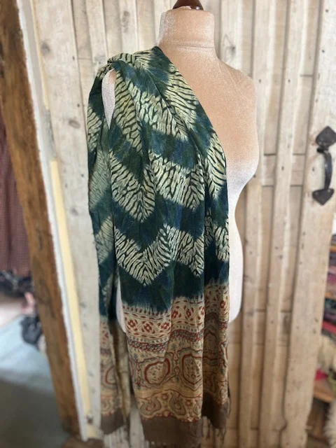 Fab hand block printed linen/hemp blend pashmina scarf view 2