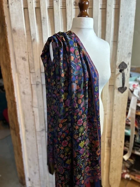 Pure fine woven silk traditional blue multi Kani floral shawl by Pashmina Love view 3