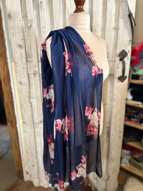 Lge JOULES navy blue floral print pashmina scarf. view 3
