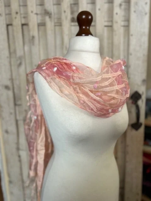 Pale pink sheer bobble squares chiffon tassel occasion scarf
