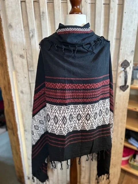 Black cotton embroidered boho hippy tassel edged pashmina shawl view 4