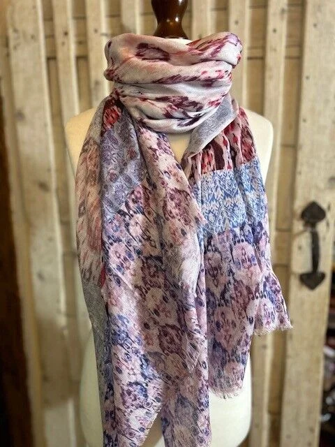Fine cotton modal pink/blue Ikat print pashmina by Pashmina Love view 2