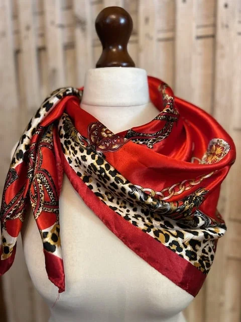 Vintage red leopard print swirls scrolls silky feel square scarf