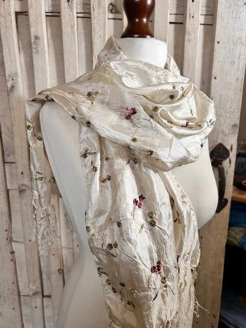Champagne satin feel ditsy floral embroidered pashmina shawl wrap