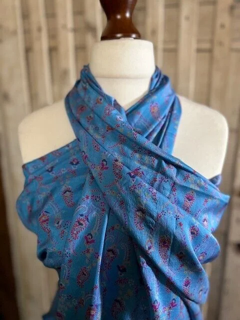 Pure silk blue floral print sarong/pario by Pashmina Love