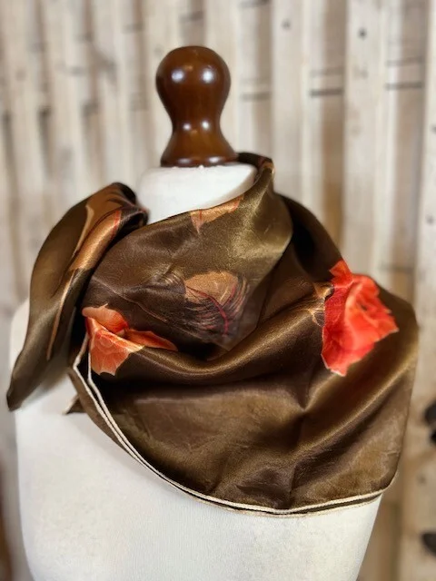 Vintage satin browns reds & orange floral rose print square scarf accessory
