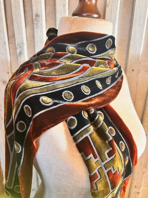 FRANGI silk viscose devore autumnal rust shades evening occasion scarf