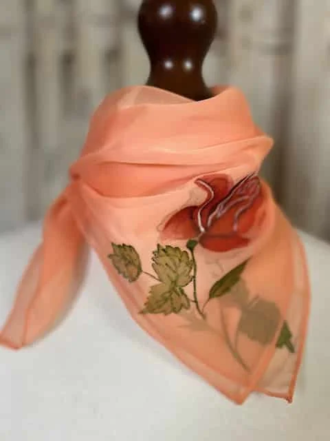 Vintage peach chiffon square scarf with handprinted roses
