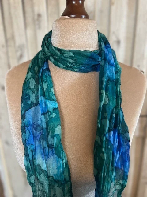 Blue & Green tie dye pure silk crinkle skinny muffler scarf