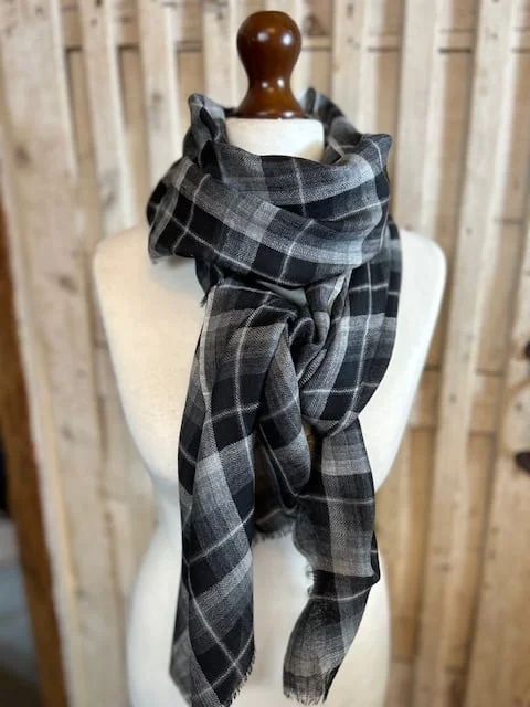 Charcoal check fine lightweight merino wool unisex muffler scarf pashmina view 2