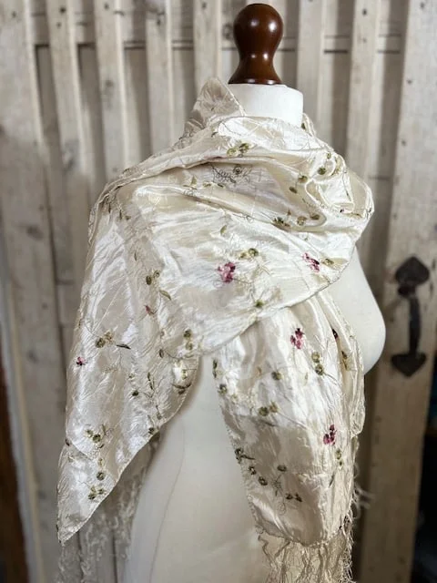 Champagne satin feel ditsy floral embroidered pashmina shawl wrap view 4