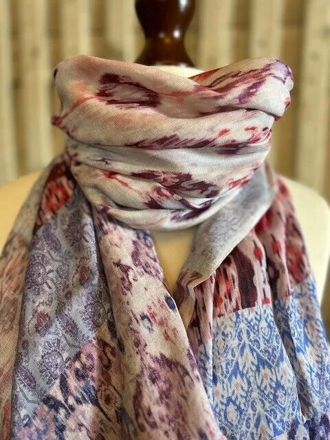 Fine cotton modal pink/blue Ikat print pashmina by Pashmina Love