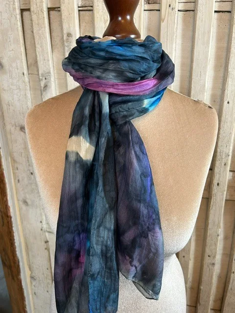 Blue pure silk tie dye print long thin versatile scarf muffler