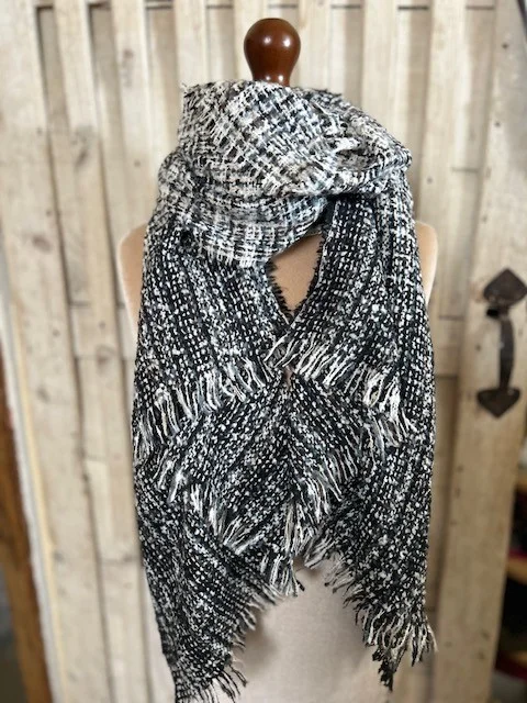 Beautifully soft black white ombre fleck loose knit tassel end scarf shawl view 2