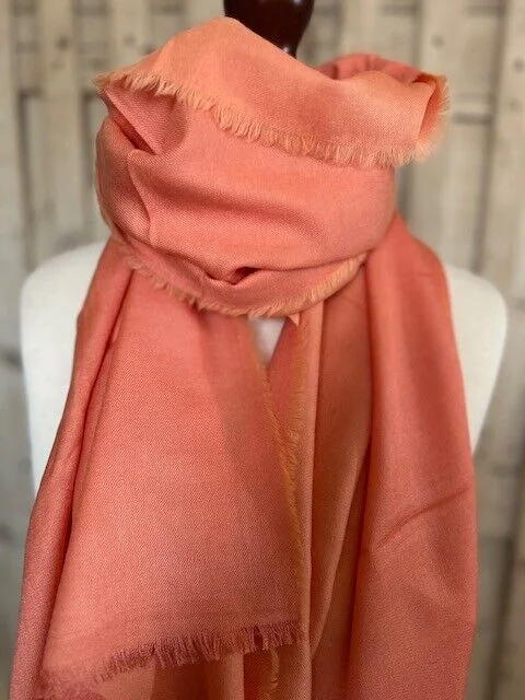 Cantaloupe 4 side fringe fine merino & cashmere pashmina by Pashmina Love. view 2