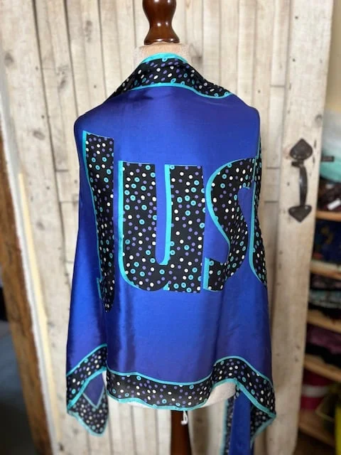 JUST CAVALLI pure luxury silk long blue logo print scarf