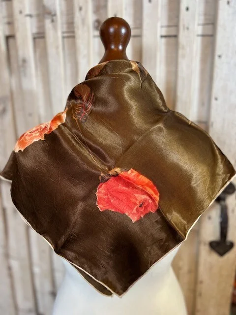 Vintage satin browns reds & orange floral rose print square scarf accessory view 2