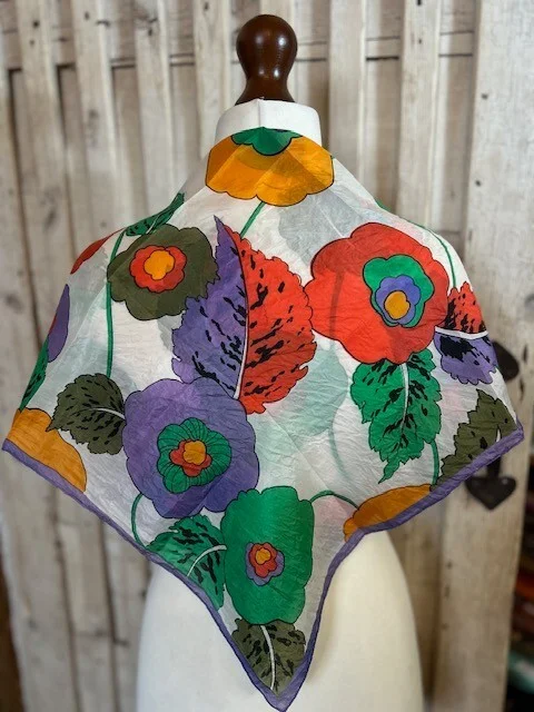 Vintage LAVA pure silk bright retro floral flower power square scarf accessory view 2