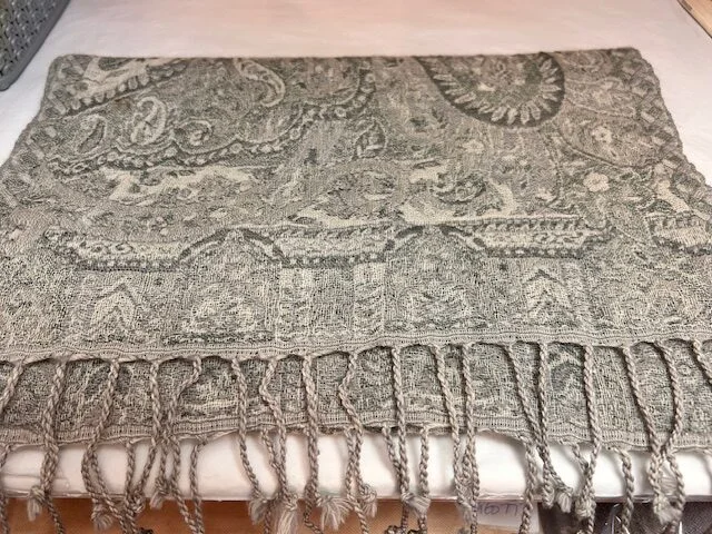 Pale grey tones lightweight wool patterned scarf view 2