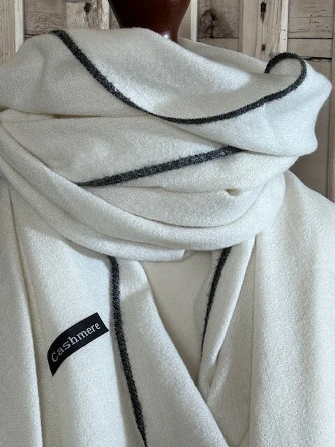Ivory cream fine quality wool black stripe edged pashmina by Pashmina Love. view 2