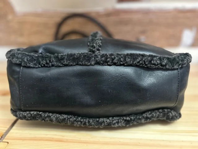 SUZY SMITH black charcoal faux leather & sheepskin top handle bag view 7