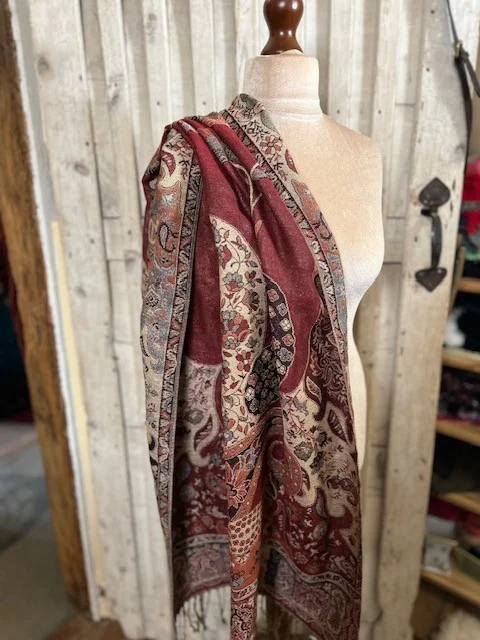 Gorgeous rust tones floral reversible pashmina scarf with gold shimmer thread view 3