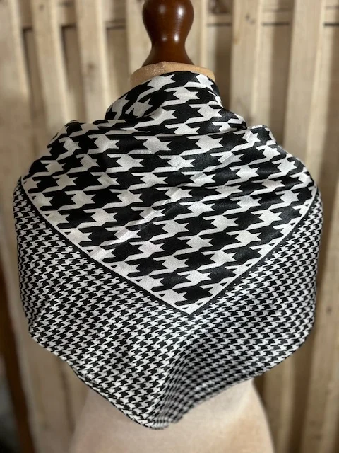 Black white silk dogtooth print square scarf view 2