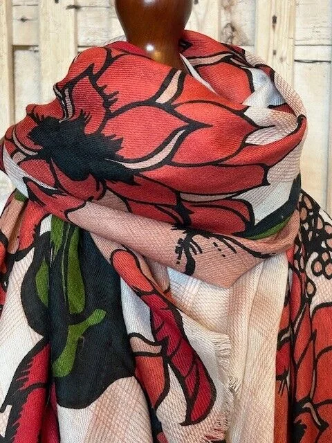 XL reds retro flowers fine luxury pure wool pashmina by Pashmina Love.