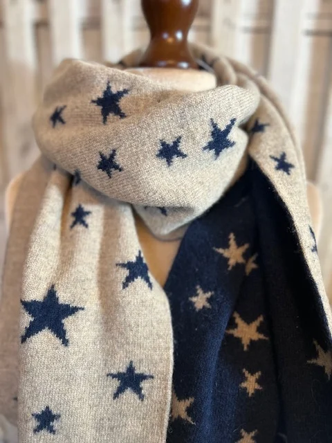 JOULES navy beige star print reversible long pure wool scarf