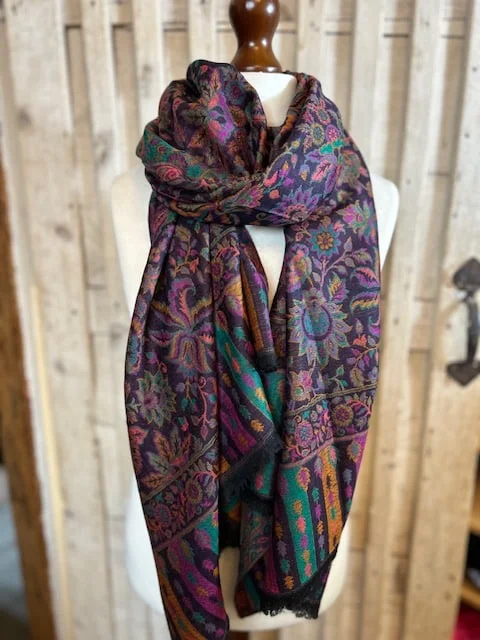 Black multi traditional Kani floral reversible fine wool shawl by Pashmina Love view 2