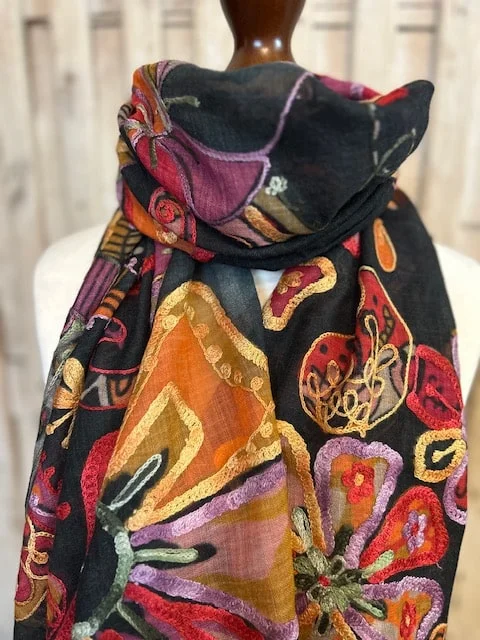 Dark multi pattern fine wool Aari embroidered pashmina by Pashmina Love