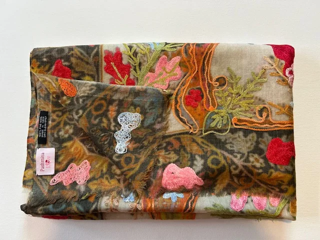 Beige multi floral fine wool Aari embroidered pashmina by Pashmina Love view 6