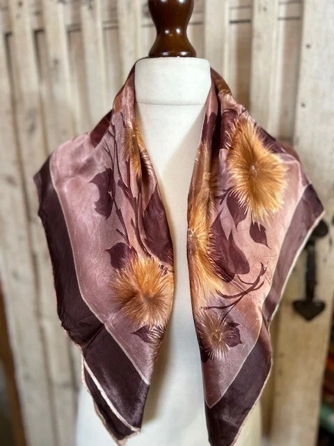 Vintage satin browns beige & golds floral hand finished square scarf accessory view 4