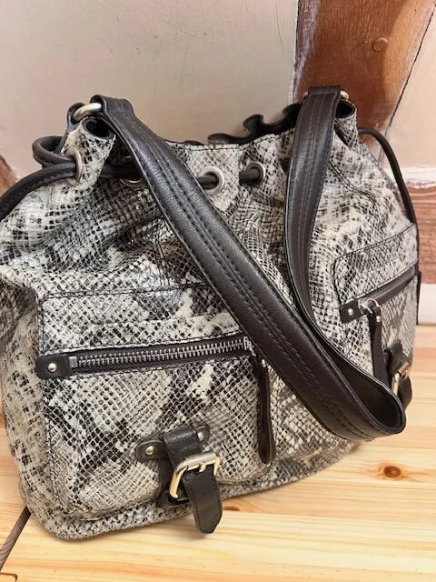 BANANA REPUBLIC grey snake print leather slouchy bucket shoulder bag