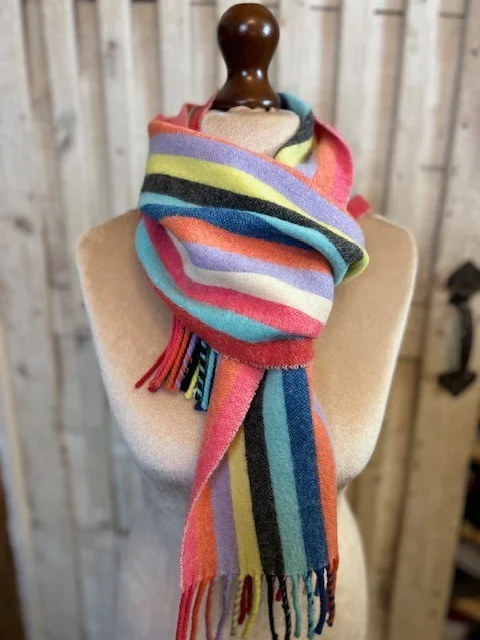 BAILEY pure lambswool striped multi-coloured scarf with tassels.