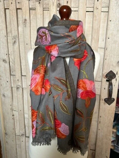 Fine wool mink Kani Aari embroidered floral pashmina shawl by Pashmina Love view 2