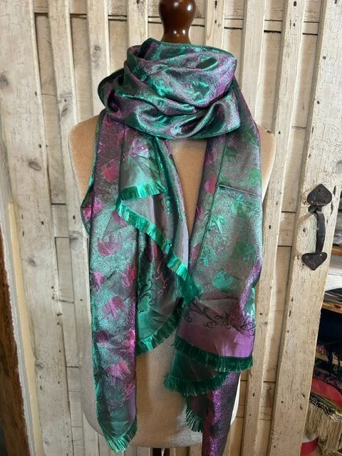 Pure Indian silk green & pink elephant print scarf view 3