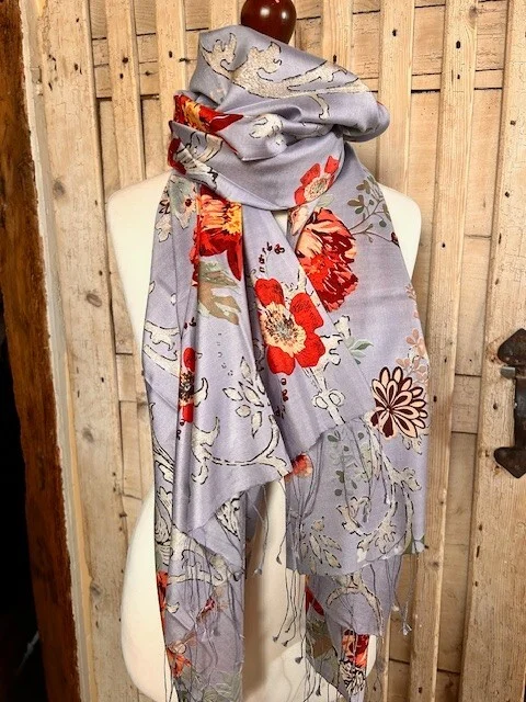 Blue multi bold floral print pure fine silk pashmina Pashmina Love view 2