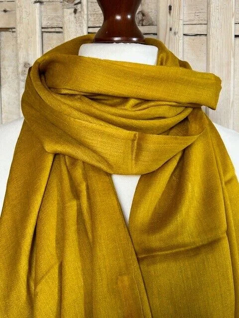 Fine lightweight old gold cashmere & silk pashmina by Pashmina Love view 2