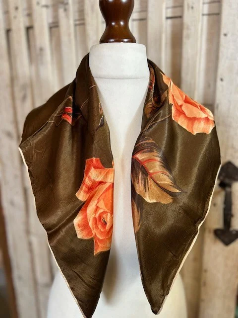 Vintage satin browns reds & orange floral rose print square scarf accessory view 3