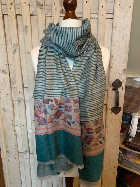 Green multi Gulab Palla stripe & floral merino wool reversible pashmina stole by Pashmina Love view 2